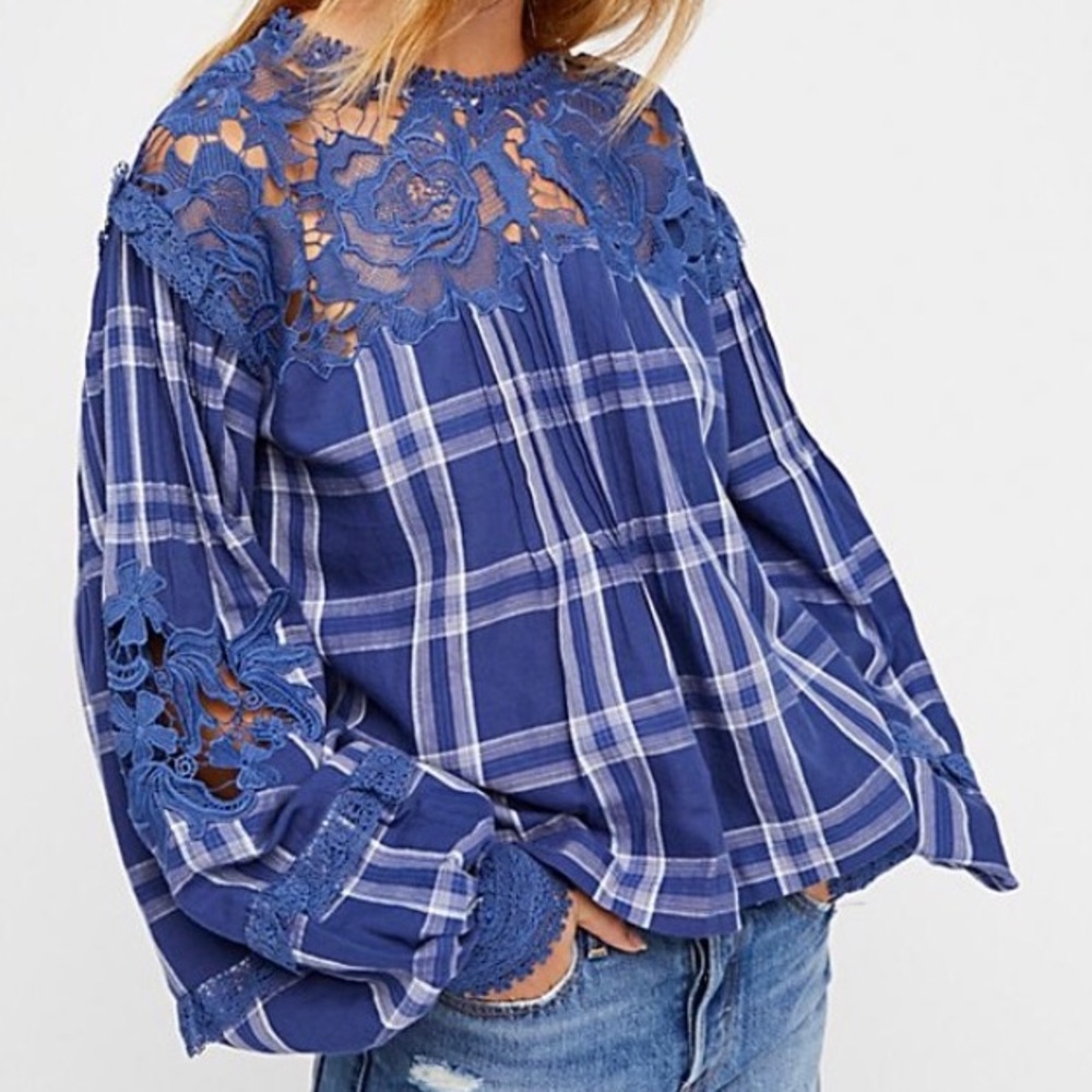 Free People plaid top with lace detail